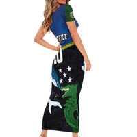 Custom Solomon Islands Rugby Short Sleeve Bodycon Dress Arty Shark and Crocodile Solomon Islands National Emblems