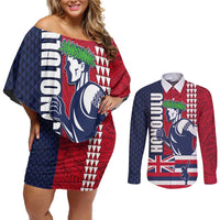 Honolulu Running 2024 Couples Matching Off Shoulder Short Dress and Long Sleeve Button Shirt Marathon Competition Hula Runner and Kakau Art Tattoo