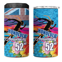 Honolulu Anniversary 52nd Running 4 in 1 Can Cooler Tumbler Marathon Competition Kakau Pattern Blue Color