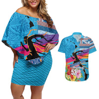 Honolulu Anniversary 52nd Running Couples Matching Off Shoulder Short Dress and Hawaiian Shirt Marathon Competition Kakau Pattern Blue Color LT03 Blue - Polynesian Pride