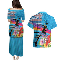 Honolulu Anniversary 52nd Running Couples Matching Puletasi and Hawaiian Shirt Marathon Competition Kakau Pattern Blue Color