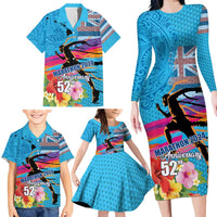 Honolulu Anniversary 52nd Running Family Matching Long Sleeve Bodycon Dress and Hawaiian Shirt Marathon Competition Kakau Pattern Blue Color