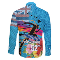 Honolulu Anniversary 52nd Running Family Matching Off The Shoulder Long Sleeve Dress and Hawaiian Shirt Marathon Competition Kakau Pattern Blue Color