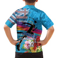 Honolulu Anniversary 52nd Running Family Matching Off Shoulder Short Dress and Hawaiian Shirt Marathon Competition Kakau Pattern Blue Color LT03 - Polynesian Pride