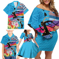 Honolulu Anniversary 52nd Running Family Matching Off Shoulder Short Dress and Hawaiian Shirt Marathon Competition Kakau Pattern Blue Color LT03 - Polynesian Pride