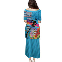 Honolulu Anniversary 52nd Running Family Matching Puletasi and Hawaiian Shirt Marathon Competition Kakau Pattern Blue Color