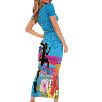 Honolulu Anniversary 52nd Running Short Sleeve Bodycon Dress Marathon Competition Kakau Pattern Blue Color LT03 - Polynesian Pride
