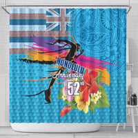 Honolulu Anniversary 52nd Running Shower Curtain Marathon Competition Kakau Pattern Blue Color