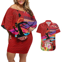 Honolulu Anniversary 52nd Running Couples Matching Off Shoulder Short Dress and Hawaiian Shirt Marathon Competition Kakau Pattern Red Color