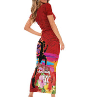 Honolulu Anniversary 52nd Running Short Sleeve Bodycon Dress Marathon Competition Kakau Pattern Red Color LT03 - Polynesian Pride