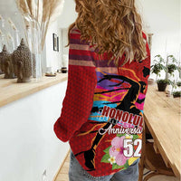 Honolulu Anniversary 52nd Running Women Casual Shirt Marathon Competition Kakau Pattern Red Color