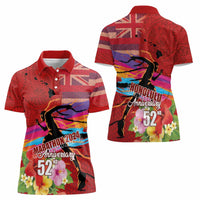 Honolulu Anniversary 52nd Running Women Polo Shirt Marathon Competition Kakau Pattern Red Color