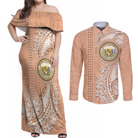 Hawaii Tropical Flowers with Kakau Tribal Couples Matching Off Shoulder Maxi Dress and Long Sleeve Button Shirt Peach Fuzz Color LT03 Peach Fuzz - Polynesian Pride
