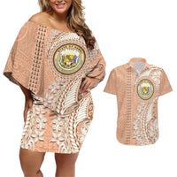 Hawaii Tropical Flowers with Kakau Tribal Couples Matching Off Shoulder Short Dress and Hawaiian Shirt Peach Fuzz Color LT03 Peach Fuzz - Polynesian Pride