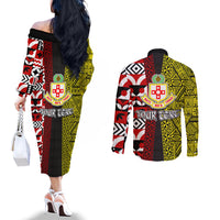 Tonga Kolisi Tonga Couples Matching Off The Shoulder Long Sleeve Dress and Long Sleeve Button Shirt Ngatu and Geometric Pattern LT03 - Polynesian Pride