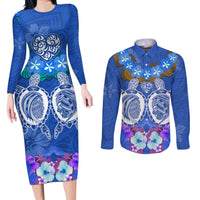 Polynesian Valentine Day Couples Matching Long Sleeve Bodycon Dress and Long Sleeve Button Shirt Love Couple Turtle Maori Hibiscus Blue LT03 Blue - Polynesian Pride