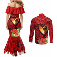 Hawaii Valentine Day Couples Matching Mermaid Dress and Long Sleeve Button Shirt Couple on Beach mix Hibiscus and Polynesian Tattoo LT03 - Polynesian Pride
