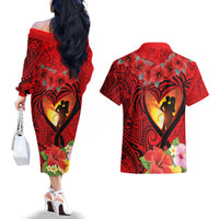 Hawaii Valentine Day Couples Matching Off The Shoulder Long Sleeve Dress and Hawaiian Shirt Couple on Beach mix Hibiscus and Polynesian Tattoo LT03 - Polynesian Pride