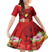 Hawaii Valentine Day Family Matching Mermaid Dress and Hawaiian Shirt Couple on Beach mix Hibiscus and Polynesian Tattoo LT03 Daughter's Dress Red - Polynesian Pride