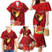 Hawaii Valentine Day Family Matching Mermaid Dress and Hawaiian Shirt Couple on Beach mix Hibiscus and Polynesian Tattoo LT03 - Polynesian Pride