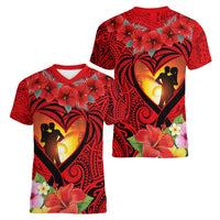 Hawaii Valentine Day Women V Neck T Shirt Couple on Beach mix Hibiscus and Polynesian Tattoo LT03 - Polynesian Pride