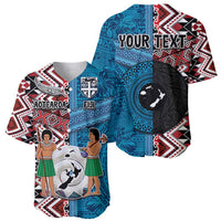 Personalised Aotearoa and Fiji Together Baseball Jersey Melanesian Warrior and Koru - Taniko with Hibiscus Tapa Pattern LT03 - Polynesian Pride
