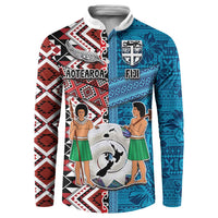 Personalised Aotearoa and Fiji Together Button Sweatshirt Melanesian Warrior and Koru - Taniko with Hibiscus Tapa Pattern LT03 Blue - Polynesian Pride