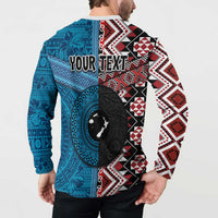 Personalised Aotearoa and Fiji Together Button Sweatshirt Melanesian Warrior and Koru - Taniko with Hibiscus Tapa Pattern LT03 - Polynesian Pride