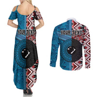 Personalised Aotearoa and Fiji Together Couples Matching Summer Maxi Dress and Long Sleeve Button Shirt Melanesian Warrior and Koru - Taniko with Hibiscus Tapa Pattern