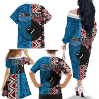 Personalised Aotearoa and Fiji Together Family Matching Off The Shoulder Long Sleeve Dress and Hawaiian Shirt Melanesian Warrior and Koru - Taniko with Hibiscus Tapa Pattern