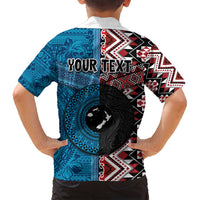 Personalised Aotearoa and Fiji Together Family Matching Off Shoulder Short Dress and Hawaiian Shirt Melanesian Warrior and Koru - Taniko with Hibiscus Tapa Pattern