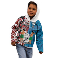 Personalised Aotearoa and Fiji Together Kid Hoodie Melanesian Warrior and Koru - Taniko with Hibiscus Tapa Pattern