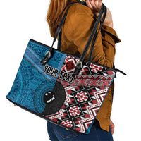 Personalised Aotearoa and Fiji Together Leather Tote Bag Melanesian Warrior and Koru - Taniko with Hibiscus Tapa Pattern