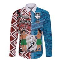 Personalised Aotearoa and Fiji Together Long Sleeve Button Shirt Melanesian Warrior and Koru - Taniko with Hibiscus Tapa Pattern LT03 Unisex Blue - Polynesian Pride
