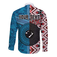 Personalised Aotearoa and Fiji Together Long Sleeve Button Shirt Melanesian Warrior and Koru - Taniko with Hibiscus Tapa Pattern LT03 - Polynesian Pride