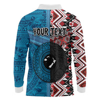 Personalised Aotearoa and Fiji Together Long Sleeve Polo Shirt Melanesian Warrior and Koru - Taniko with Hibiscus Tapa Pattern