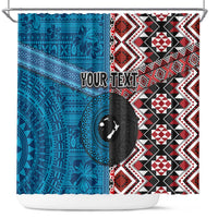 Personalised Aotearoa and Fiji Together Shower Curtain Melanesian Warrior and Koru - Taniko with Hibiscus Tapa Pattern LT03 Blue - Polynesian Pride