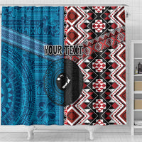 Personalised Aotearoa and Fiji Together Shower Curtain Melanesian Warrior and Koru - Taniko with Hibiscus Tapa Pattern LT03 - Polynesian Pride