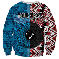 Personalised Aotearoa and Fiji Together Sweatshirt Melanesian Warrior and Koru - Taniko with Hibiscus Tapa Pattern LT03 - Polynesian Pride