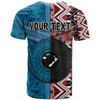 Personalised Aotearoa and Fiji Together T Shirt Melanesian Warrior and Koru - Taniko with Hibiscus Tapa Pattern