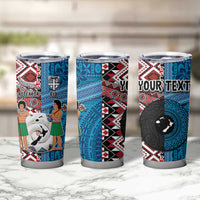 Personalised Aotearoa and Fiji Together Tumbler Cup Melanesian Warrior and Koru - Taniko with Hibiscus Tapa Pattern