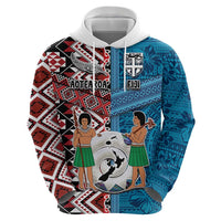 Personalised Aotearoa and Fiji Together Zip Hoodie Melanesian Warrior and Koru - Taniko with Hibiscus Tapa Pattern