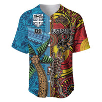 Personalised Australia and Fiji Together Baseball Jersey Tribal Palm Tree with Tapa and Aboriginal Animals Half Style LT03 Blue - Polynesian Pride