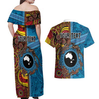Personalised Australia and Fiji Together Couples Matching Off Shoulder Maxi Dress and Hawaiian Shirt Tribal Palm Tree with Tapa and Aboriginal Animals Half Style