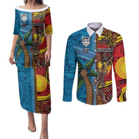 Personalised Australia and Fiji Together Couples Matching Puletasi and Long Sleeve Button Shirt Tribal Palm Tree with Tapa and Aboriginal Animals Half Style