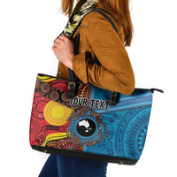 Personalised Australia and Fiji Together Leather Tote Bag Tribal Palm Tree with Tapa and Aboriginal Animals Half Style