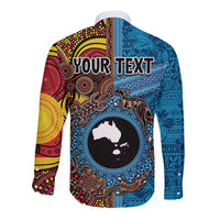 Personalised Australia and Fiji Together Long Sleeve Button Shirt Tribal Palm Tree with Tapa and Aboriginal Animals Half Style