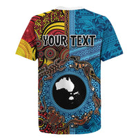 Personalised Australia and Fiji Together Rugby Jersey Tribal Palm Tree with Tapa and Aboriginal Animals Half Style