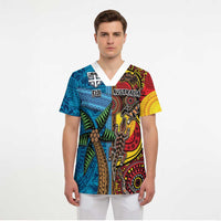 Personalised Australia and Fiji Together Scrub Top Tribal Palm Tree with Tapa and Aboriginal Animals Half Style - Polynesian Pride
