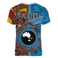 Personalised Australia and Fiji Together Women V-Neck T-Shirt Tribal Palm Tree with Tapa and Aboriginal Animals Half Style